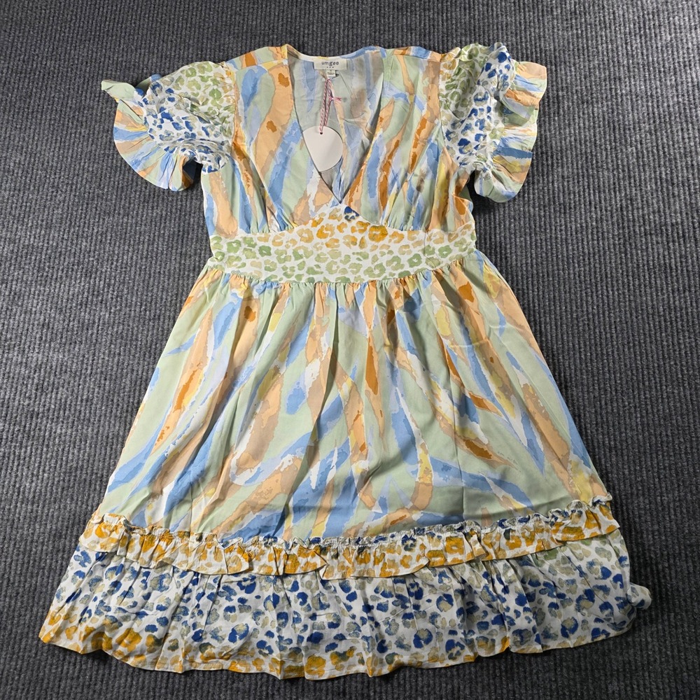 Umgee USA Mixed Animal Print Mini Dress V-Neck Flutter Sleeve Smocked Small NEW
